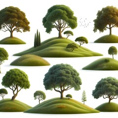 A set of trees on grass hill, set, isolated on white background