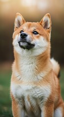 Shiba Inu Puppy with Fox-Like Features Looking Up &ndash; Studio Portrait of Cute Dog

