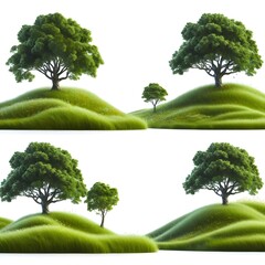A set of trees on grass hill, set, isolated on white background