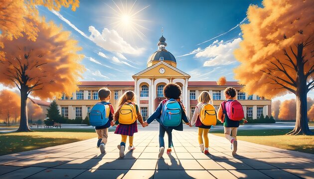 diverse students excitedly entering a school building with colorful backpacks. Cheerful back-to-school atmosphere with smiling children, bright surroundings and a sense of new beginnings.