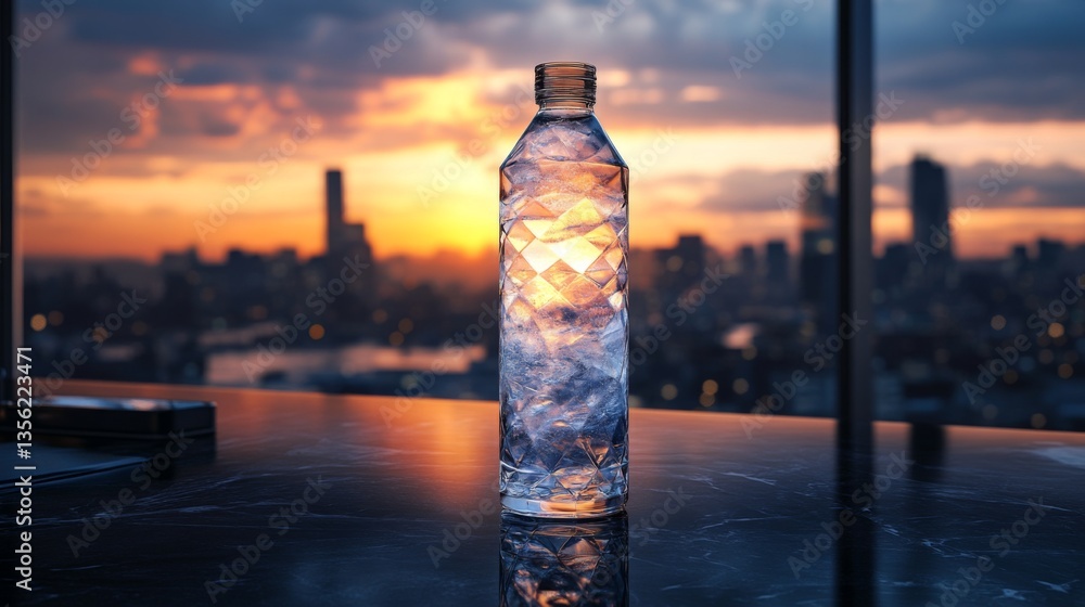 Poster a water bottle with a unique geometric shape is placed on a glossy surface, capturing the golden hue