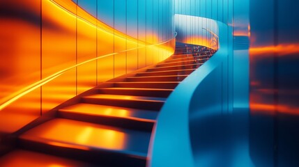 Modern staircase illuminated with orange and blue lighting in a futuristic interior design space