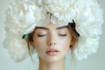 A beautiful woman wearing a white floral headpiece with closed eyes.