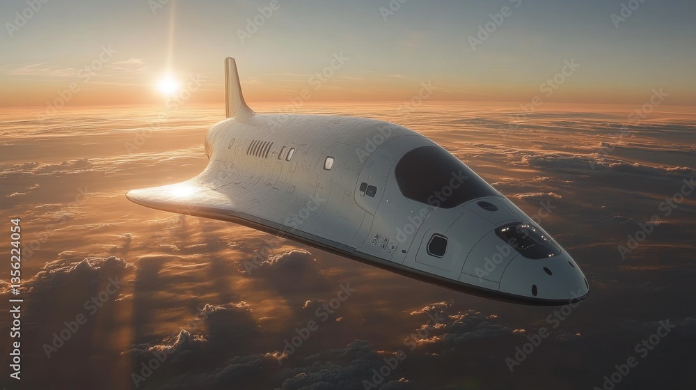 Poster a cutting edge spaceplane glides gracefully above the earth's atmosphere as the sun rises, represent