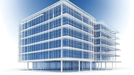 Modern glass office building architectural rendering.