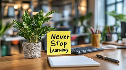 Motivational Sticky Note on Learning, A motivational sticky note saying Never stop learning placed on a wooden table next to a decorative plant in a patterned pot