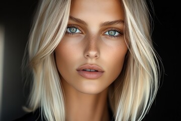Naklejka premium Portrait of a young woman with striking blue eyes and blonde hair, captured in soft lighting against a dark background