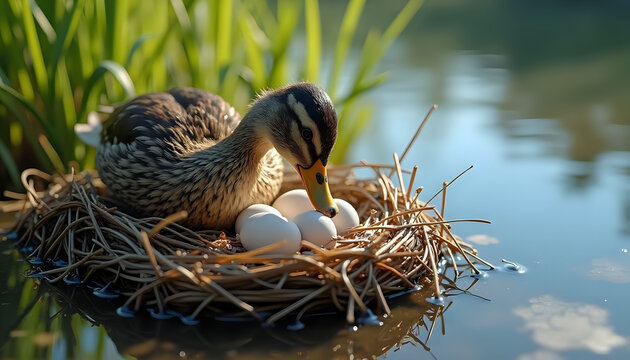 a duck sitting in a nest with eggs in the water