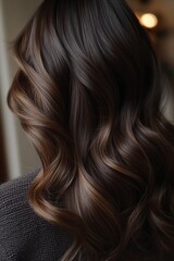 Naklejka premium Long wavy brown hair styled elegantly with warm highlights, seen from behind against a softly blurred background, capturing the essence of beauty and grace