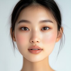 Naklejka premium Portrait of a young woman with flawless skin and soft features showcasing natural beauty in a minimalist setting during daylight