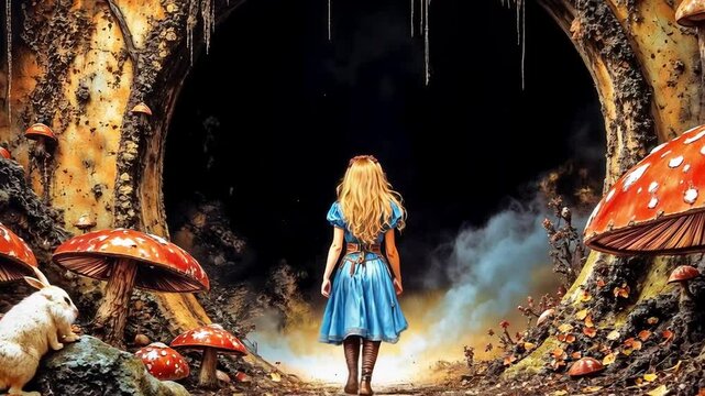 Surprised Alice looks out of the rabbit hole. Magical beautiful country from Lewis Carroll's fairy tale Alice in Wonderland