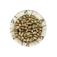  A bowl filled with unshelled peanuts, isolated on a white background