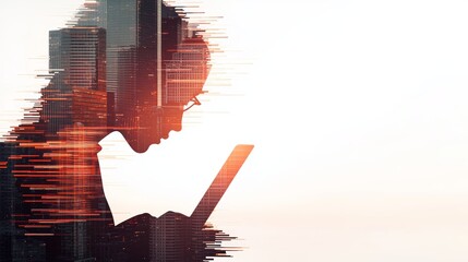 Business professionals collaborating at a modern office desk, analyzing documents and using a laptop, double exposure with city skyscrapers