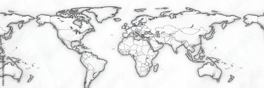 Poster detailed outline of world map on a light background with clear borders for educational and creative 