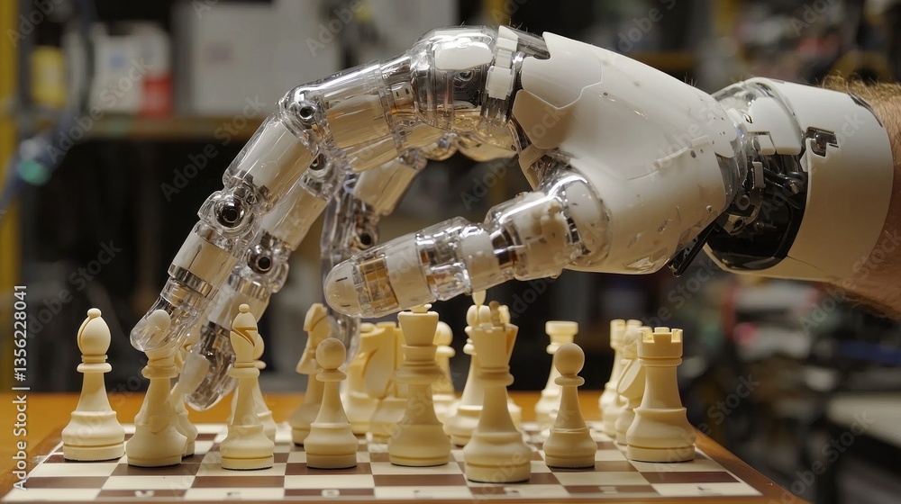 Poster A transparent robotic hand gracefully extends over a chessboard filled with elegantly crafted pieces, showcasing the intersection of technology and strategy in a workshop illuminated by soft lights