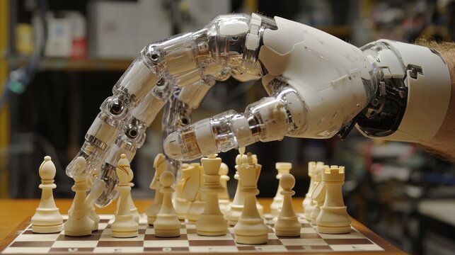 A transparent robotic hand gracefully extends over a chessboard filled with elegantly crafted pieces, showcasing the intersection of technology and strategy in a workshop illuminated by soft lights