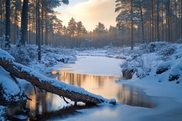 Winter landscape with a frozen river and snow-covered trees during sunset in a serene forest setting