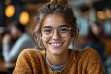 Young woman smiling warmly in a cozy cafe during a relaxed afternoon with friends