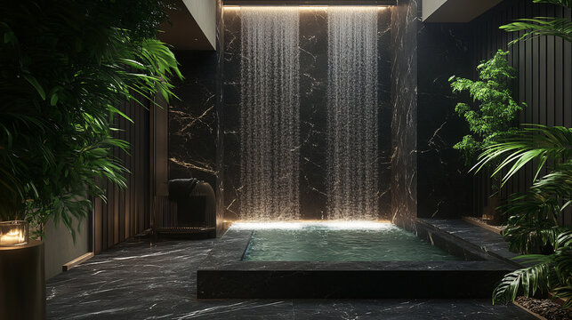Luxurious onyx penthouse featuring indoor pool marble walls waterfall accents upscale interior design modern lighting high ceiling panoramic windows elegant furniture architecture residence retreat