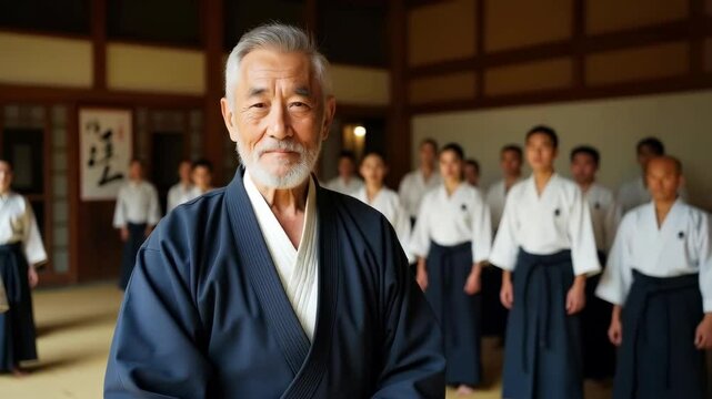 An elderly aikido master in a martial arts dojo surrounded by his students. Concept of a lifetime of skill, excellence and dedication.