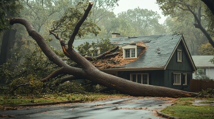 Tree falls on house during storm in residential neighborhood causing significant damage on a rainy day