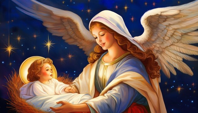 Angel holding a banner reading &ldquo;Gloria in Excelsis Deo&rdquo; above the Nativity scene. Warm heavenly light, peaceful figures and traditional Christmas imagery create a reverent religious holiday compositio