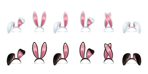 Easter bunny ears. Rabbit ears headbands in white and black styles with pink inner details, featuring various shapes. Easter or kid costume designs elements. Realistic 3d vector illustrations set.