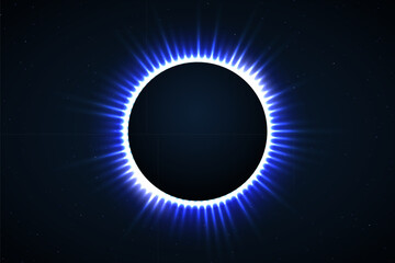 Solar eclipse with lights flares. Sun eclipse with glowing blue corona and radiant light flares in space. Darkened planet with bright shine. Abstract vector illustration.