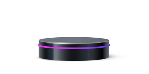 Black round podium with glow neon line. Product display stand isolated on white background. Cosmetic showcase pedestal, platform, stage for product presentation. Realistic vector illustration.