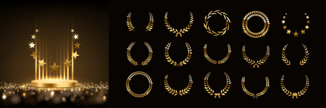 Gold award podium with laurel wreath and set of different golden laurel wreaths and ribbons vector illustration. Luxury templates for glamour product presentation, winner ceremony.
