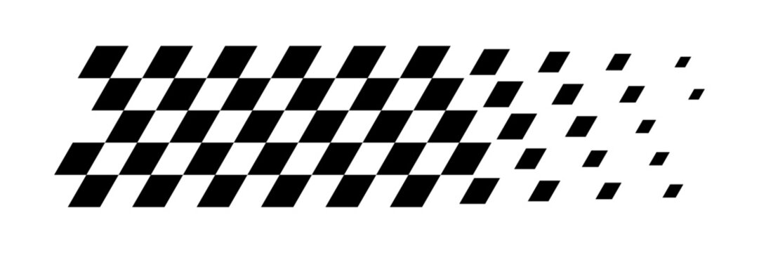 Racing flag background. Diagonal checkered flag pattern in black and white with a fading effect. Classic racing theme for motorsport textiles, banners, graphic, designs. Abstract vector illustration.
