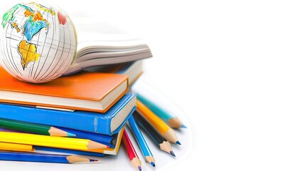Colorful books, globe, pencils; global education concept; white background; school supplies