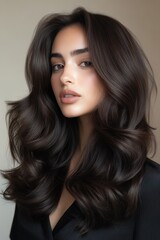 Fototapeta premium Beautiful woman with long wavy hair posing in soft light with a neutral background showcasing a serene and elegant expression while looking directly at the camera