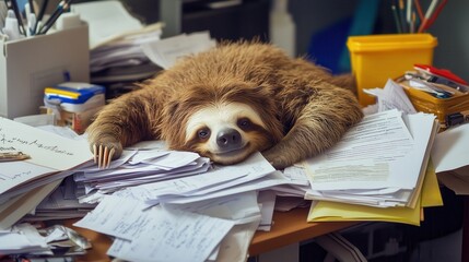 Sloth relaxing on a desk full of papers