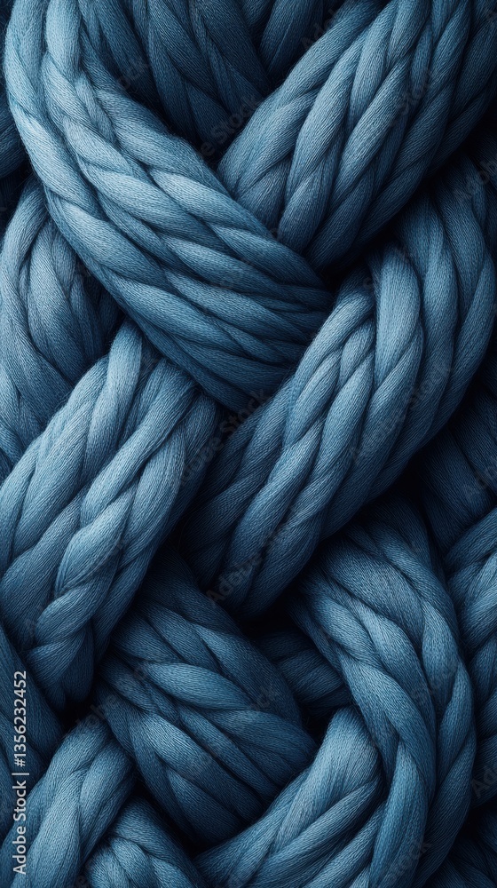 Poster close-up view of a beautifully woven blue thick rope displaying intricate patterns and textures in a