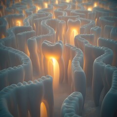 Obraz premium Surreal scene of teeth forming a labyrinth, eerie glow lighting the maze, mysterious and imaginative, ultra-HD, cinematic vibes