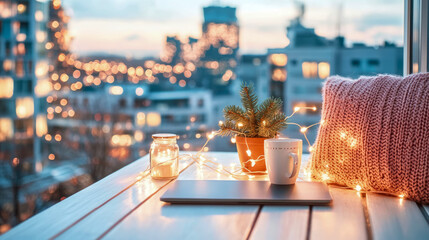 Naklejka premium Winter Serenity: Evening glow with laptop, lights, mug, and festive decorations on balcony for relaxation, hope, peace