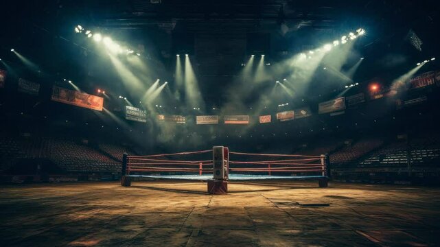 Dramatic video of an empty boxing ring under spotlights, captured from a low angle, highlighting the arena's vastness and anticipation.