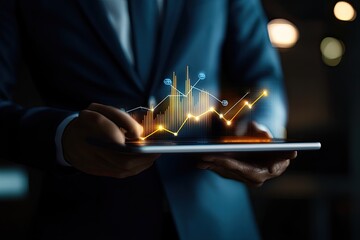 Businessman analyzing financial data on a tablet.  A holographic representation of financial charts and graphs overlayed on a tablet held by a professional