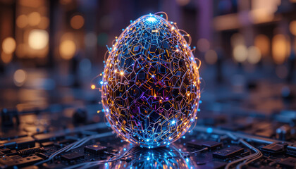 glowing, futuristic egg shaped object with intricate circuits and neon lights, symbolizing advanced technology, sits on microchip surface