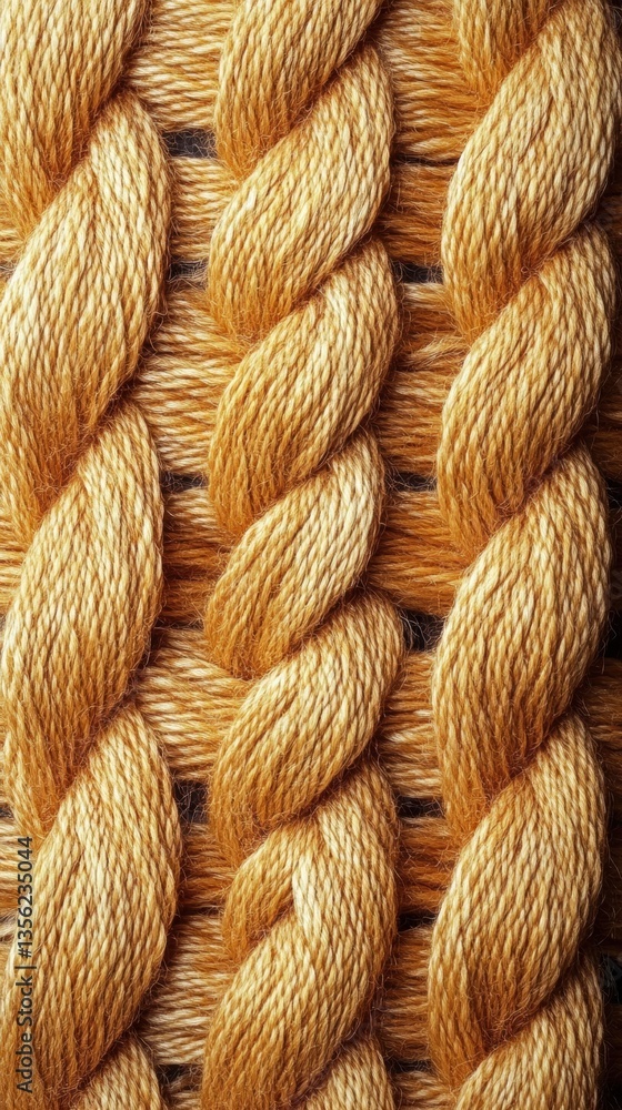 Poster close-up view of textured golden rope patterns intertwined with soft fibers for crafting and design 