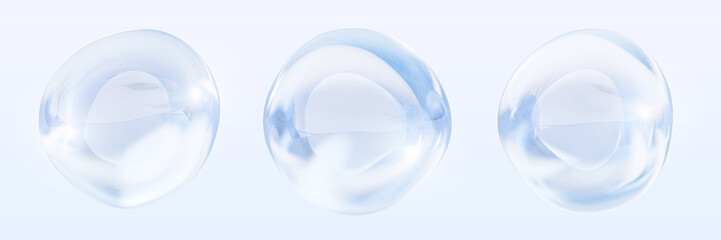 3d blue liquid ball. Render realistic set of water bubble with transparent texture and light reflection. Abstract fluid sphere, beauty care collagen serum, hyaluron skin essence drop. 3D illustration