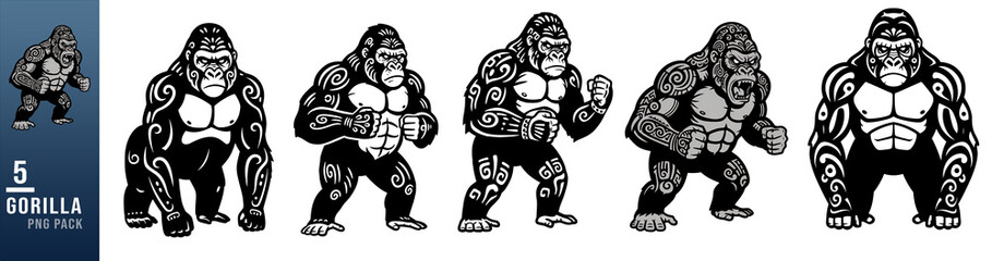Fototapeta premium Set of Powerful Gorillas with Tribal Tattoos isolated on white or transparent png background