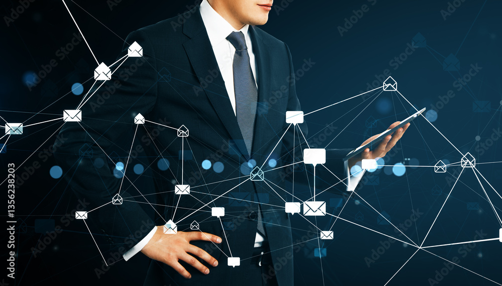 Poster businessman using smartphone with email network connections.