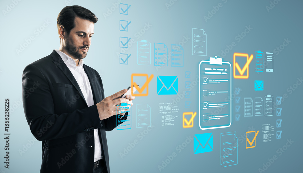 Poster businessman using smartphone with digital document management icons on a light background.