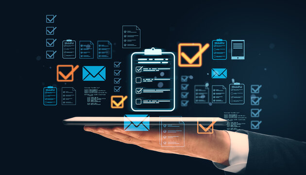 Digital document management hologram with checklist icons floating above a tablet.
