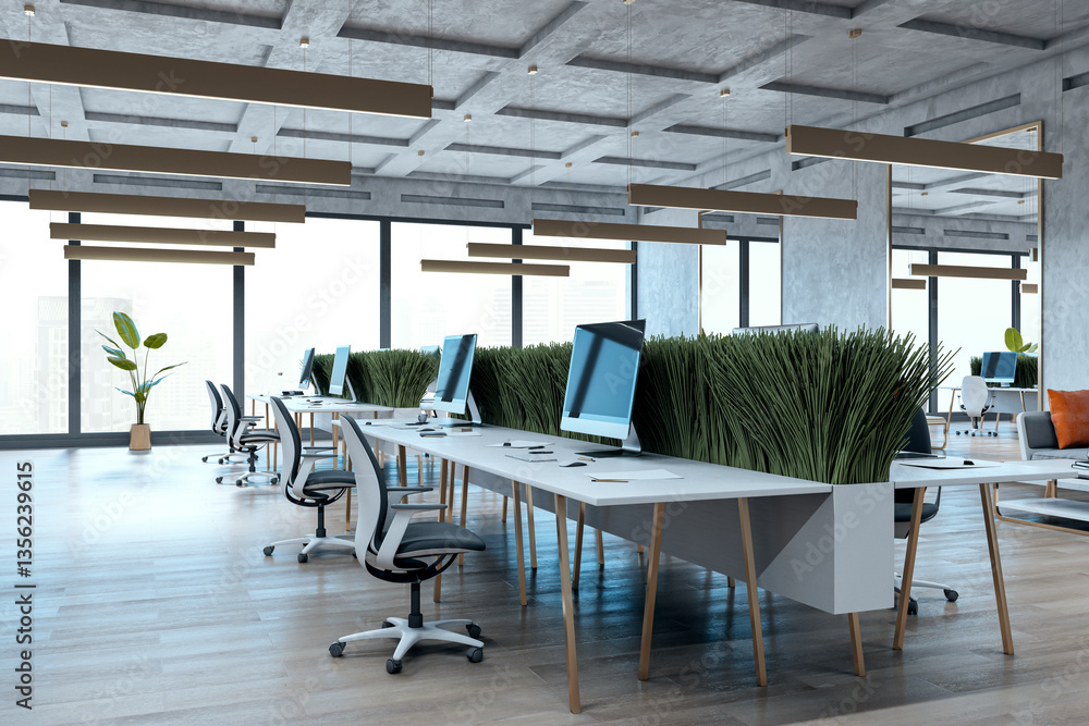 Poster Modern open-concept office with sleek workstations and greenery partitions. 3D Rendering