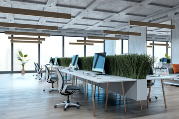 Modern open-concept office with sleek workstations and greenery partitions. 3D Rendering