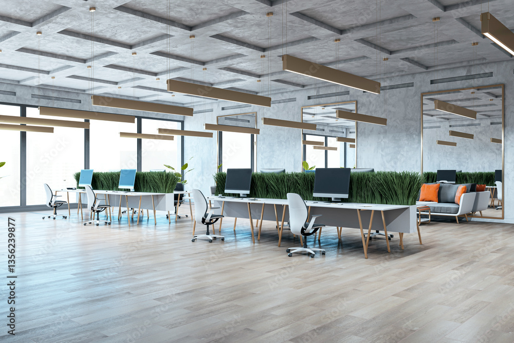 Aufkleber modern open-plan office space with sleek furniture, large windows, and greenery partitions. 3d rende