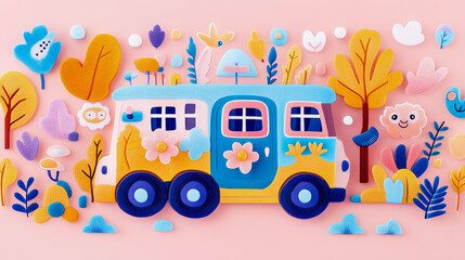 Naklejka premium Whimsical Adventure Bus: A Children's Illustration for Fun Travel and Summer Holiday Postcard
